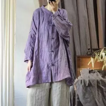 Johnature ретро нерегулярная льняная винтажная рубашка в китайском стиле осенняя женская однотонная рубашка с длинными рукавами One Size зелёный