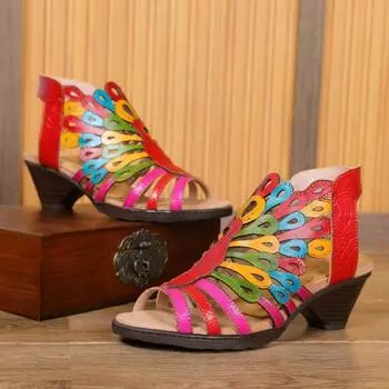 Johnature Ретро обувь с павлиньим узором, женские сандалии из натуральной кожи, модные женские босоножки ручной работы на среднем каблуке