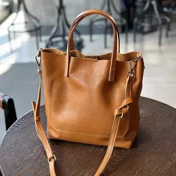 Johnature Ретро однотонная сумка из воловьей кожи женская простая большая вместительная сумка на плечо из натуральной кожи чёрный