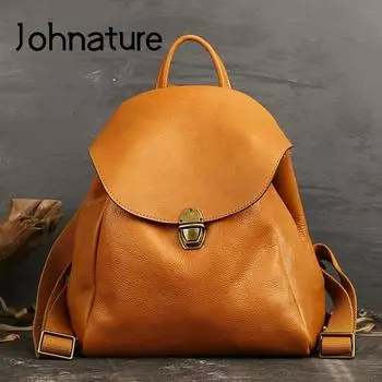 Johnature Ретро первый слой коровьей кожи рюкзак дизайнерская роскошная женская дорожная сумка большой вместимости модный женский рюкзак чёрный