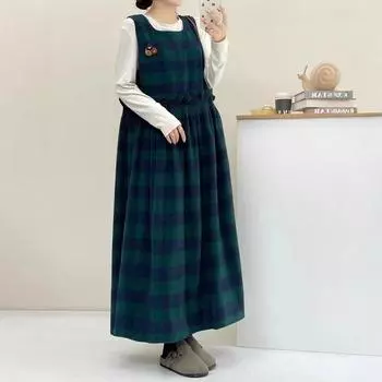 Johnature Retro Plaid Dresses Autumn Winter Loose Versatile Patchwork Fungus Edge Forest Women Dress One Size зелёный