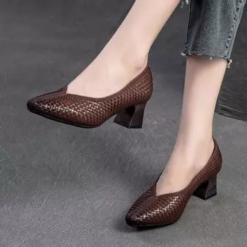 Johnature Ретро плетеные туфли-лодочки с острым носком ручной работы из натуральной кожи универсальные женские туфли на каблуке для поездок на работу 37 чёрный