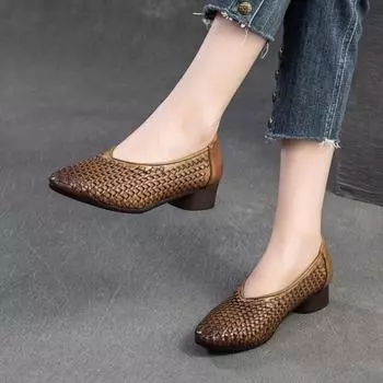 Johnature Ретро плетеные туфли ручной работы из натуральной кожи удобные универсальные женские туфли без застежек на низком каблуке 36 хаки
