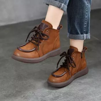 Johnature Retro Плоские полусапожки с круглым носком, женские ботинки из натуральной кожи с боковой молнией 35 жёлтый