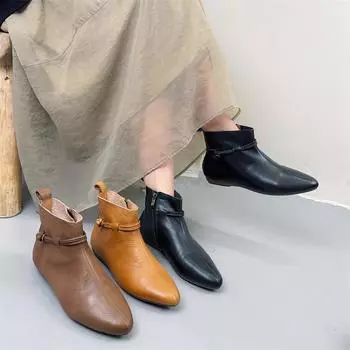 Johnature Retro с острым носком и боковой молнией на плоской подошве, короткие ботинки из натуральной кожи, однотонные, с мягкой подошвой, женские туфли 36 чёрный