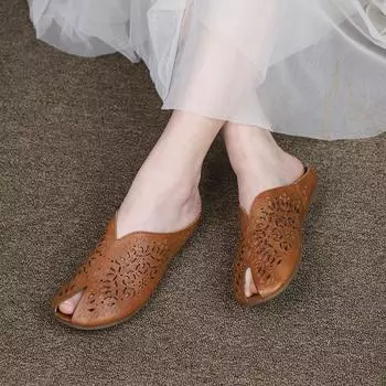 Johnature/Ретро полые шлепанцы из натуральной кожи на мягкой подошве, женские удобные уличные сандалии, тапочки