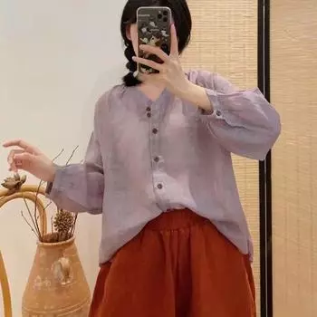 Johnature ретро повседневная светло-фиолетовая рубашка женская весна лето тонкая солнцезащитная одежда свободные топы One Size фиолетовый