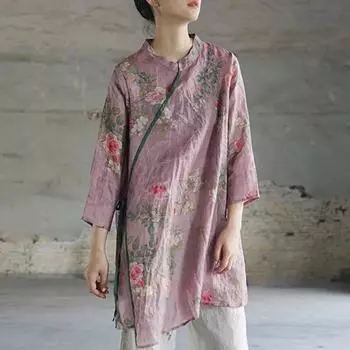 Johnature ретро-принт со стойкой, рукав три четверти, нерегулярная рубашка на шнуровке, весенние свободные универсальные женские топы M жёлтый