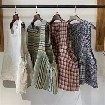 Johnature Ретро японский без рукавов женские весна лето повседневные все матч полосатый клетчатый свободные многослойные топы One Size зелёный