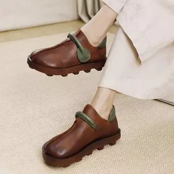 Johnature Ретро разноцветная женская обувь из натуральной кожи для отдыха с круглым носком на мягкой подошве, удобные туфли без шнуровки