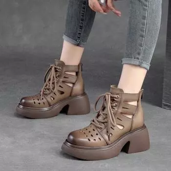 Johnature Ретро римские сандалии из натуральной кожи на толстой подошве со шнуровкой, новинка 2023 года, летние новые женские туфли с круглым носком и вырезом на толстом каблуке 35 бежевый