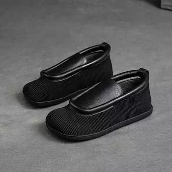 Johnature Retro Round Toe Flats Lightweight And Versatile Genuine Leather Splicing Women s Slip-on Shoes 35