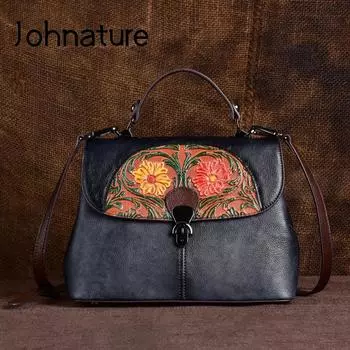Johnature Ретро ручная работа из натуральной кожи с тиснением, женская сумка, роскошная сумка для отдыха, сумки из воловьей кожи на плечо и через плечо коричневый