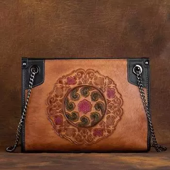 Johnature Ретро ручная работа с тиснением женская сумка первый слой коровьей кожи сумки на плечо Роскошная женская сумка-мессенджер с цветочным принтом красный