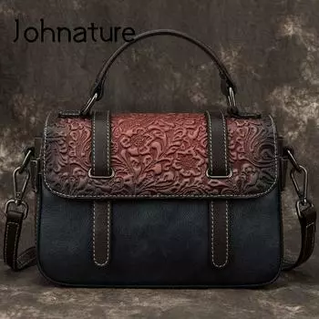 Johnature Ретро ручная работа с тиснением женская сумка для отдыха из натуральной кожи большая вместительная женская сумка через плечо зелёный