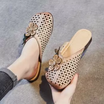 Johnature Ретро с открытым носком и цветочным узором тапочки на плоской подошве из натуральной кожи Уличные пляжные шлепанцы Женская обувь