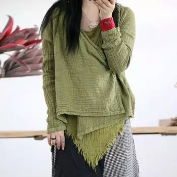 Johnature ретро с v-образным вырезом льняные рубашки на шнуровке весенние свободные модные женские топы для отдыха 3 цвета рубашки-кардиганы One Size зелёный