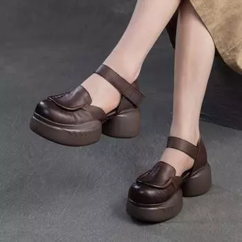 Johnature Ретро сандалии с круглым носком и толстой подошвой из натуральной кожи повседневные универсальные женские туфли на плоской платформе 35 кофейный
