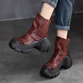 Johnature Ретро-сапоги на толстой подошве, однотонные универсальные туфли на платформе из натуральной кожи с круглым носком