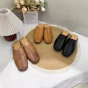 Johnature Ретро-шлепки на плоской подошве с круглым носком из натуральной кожи, мягкая подошва, однотонные женские туфли 35 кофейный