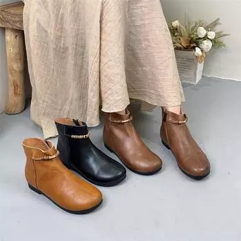 Johnature Ретро Короткие Ботинки С Молнией Сбоку Натуральная Кожа Мягкая Подошва Удобная Женская Обувь 35 чёрный