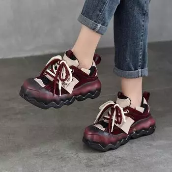 Johnature Ретро смешанные цвета натуральная кожа обувь коровья кожа спортивный стиль повседневная толстая подошва женская обувь 34 бежевый