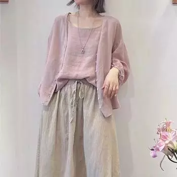 Johnature Ретро Солнцезащитная рубашка Женская Летняя Повседневная Свободная Солнцезащитная Тонкая Топы с V-образным вырезом One Size кофейный