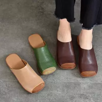 Johnature Ретро тапочки из натуральной кожи с круглым носком, разноцветные, на мягкой подошве, женские уличные шлепанцы 36 абрикосовый