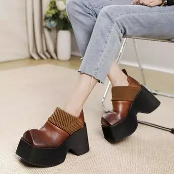 Johnature Ретро тканые туфли на толстой подошве 10 см, женские однотонные туфли без шнуровки на платформе из натуральной кожи с квадратным носком