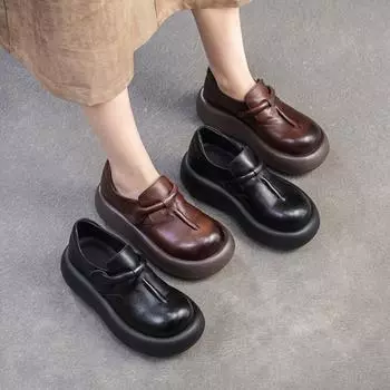 Johnature Retro Толстая подошва из натуральной кожи балетки Простые и удобные повседневные женские туфли для поездок на работу 35 чёрный