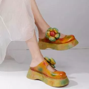 Johnature Ретро толстая подошва Радужная обувь Цветочные уличные тапочки из натуральной кожи Обувь на платформе 35 коричневый