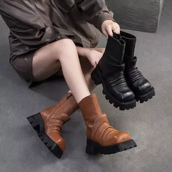 Johnature Retro Толстая подошва с квадратным носком Сапоги до середины голени римский стиль Натуральная кожа женские сапоги 35 чёрный