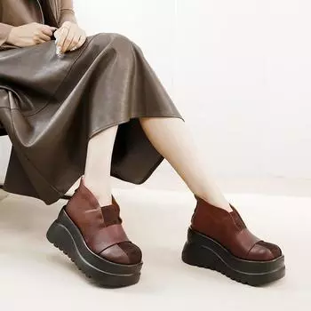 Johnature Retro Толстые полусапожки с круглым носком из натуральной кожи Женские туфли на танкетке 36 чёрный