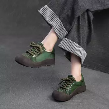 Johnature Retro Туфли на толстой подошве Повседневные легкие женские туфли из натуральной кожи на плоской платформе 35 зелёный