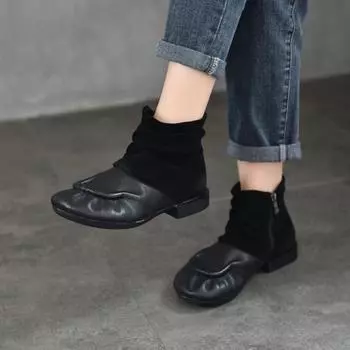 Johnature Ретро-туфли ручной работы из натуральной кожи в стиле пэчворк, женские короткие сапоги на низком каблуке с боковой молнией 35 чёрный