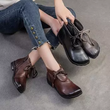 Johnature Retro Versatile Flat Short Boots Удобные повседневные ботинки из натуральной кожи для женщин на каждый день 35 чёрный