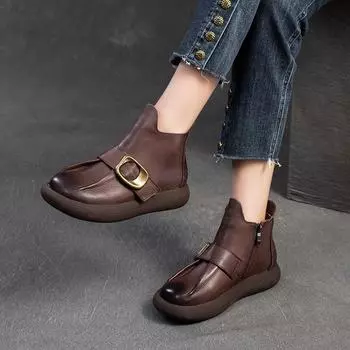 Johnature Retro Versatile Натуральная кожа Короткие ботинки на толстой подошве Повседневная и удобная женская обувь 35 чёрный