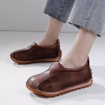 Johnature Retro Women s Shoes Genuine Leather Soft Sole Handmade Flat Bottom Casual Slip-on Shoes