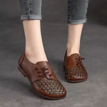 Johnature Ретро женская обувь на плоской подошве из натуральной кожи ручной работы на мягкой подошве повседневные лоферы без шнуровки с круглым носком 35 красно-коричневый