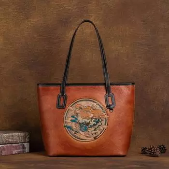 Johnature Ретро женская сумка-тоут из натуральной кожи большой емкости с тиснением для отдыха из мягкой натуральной яловой кожи женские сумки на плечо чёрный