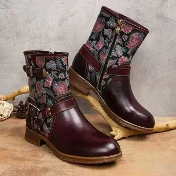 Johnature Ретро женские ботинки из натуральной кожи с ручной росписью и цветочным принтом, классические удобные короткие сапоги с пряжкой на ремне