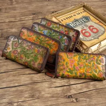 Johnature Ретро женский ручной кошелек из натуральной кожи ручной работы с тиснением кошелек для телефона первый слой из воловьей кожи женский держатель для карт жёлтый