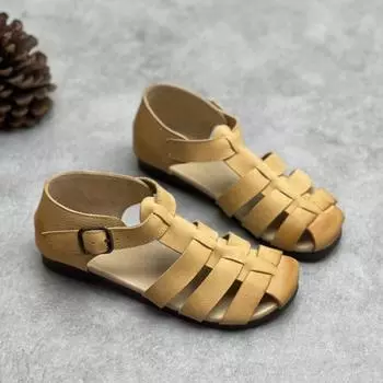 Johnature/римские сандалии из натуральной кожи, повседневные однотонные женские туфли на плоской подошве в стиле ретро с мягкой подошвой 35 бежевый