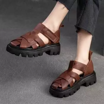 Johnature римские сандалии из натуральной кожи с плетеной толстой подошвой, дышащая женская обувь с полыми отверстиями 35 чёрный