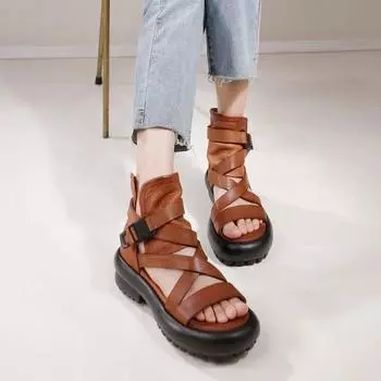 Johnature римские сандалии из натуральной кожи на толстой подошве ручной работы, удобная универсальная женская обувь в стиле ретро 36 чёрный