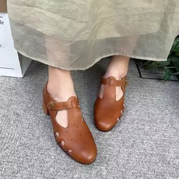 Johnature римские сандалии в стиле ретро с круглым носком из натуральной кожи, удобная дышащая женская обувь на среднем каблуке 35 коричневый