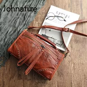 Johnature роскошная сумка ручной работы из натуральной кожи, женская сумка для отдыха, натуральная мягкая яловая кожа, большие вместительные сумки на плечо чёрный