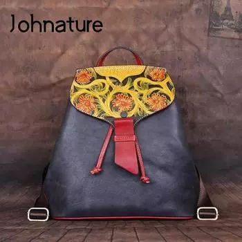 Johnature роскошная женская сумка ручной работы из натуральной коровьей кожи рюкзак в стиле ретро с тиснением и цветочным принтом женские дорожные рюкзаки чёрный