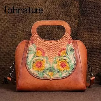 Johnature Роскошные сумки из натуральной кожи, женские сумки, дизайнерские сумки на осень-зиму, винтажные сумки на плечо из натуральной яловой кожи с тиснением