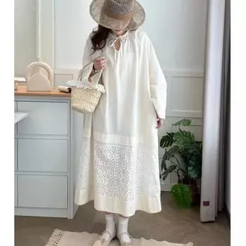 Johnature Round Neck Dress Spring Crochet Embroidery Japanese Forest Tie Loose Dresses One Size